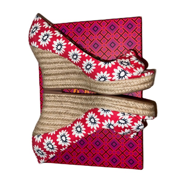 Tory Burch Dory Nantucket Red Navy Sea White Primrose Peep Toe Espadrille Wedges - Picture 6 of 15